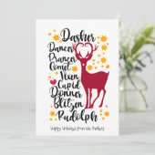 Fun Black Script Santa Reindeer Name Kerstmis Feestdagenkaart (Staand voorkant)
