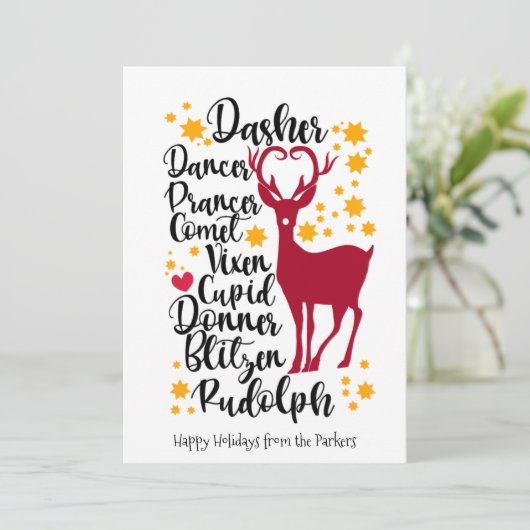 Fun Black Script Santa Reindeer Name Kerstmis Feestdagenkaart (Staand voorkant)