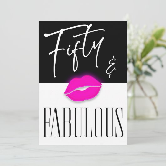 Fun Black White Fifty Fabulous Pink Lips Birthday Kaart (Staand voorkant)