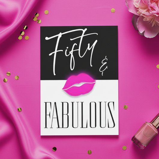 Fun Black White Fifty Fabulous Pink Lips Birthday Kaart