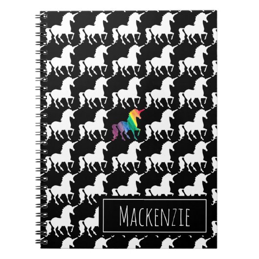 Fun Black & White Unicorn Rainbow Gepersonaliseerd Notitieboek (Voorkant)