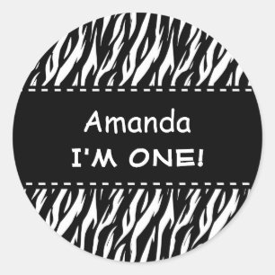 Fun Black White Zebra Custom First Birthday V04 Ronde Sticker