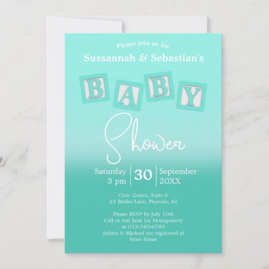 Fun Blauwgroen Ombre BABY Blokken Showuitnodiging Kaart (Voorkant)