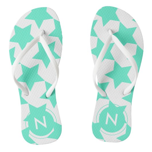 Fun Blauwgroen Stars Pattern Monogrammed Teenslipp Teenslippers (Voetbed)