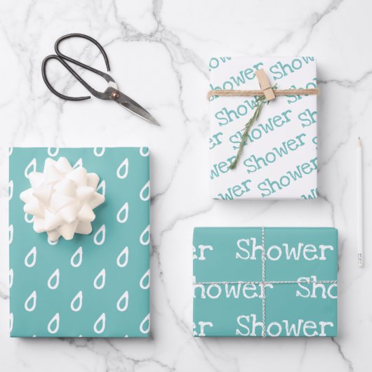 Fun Blauwgroen & White SHOWER Coordinated Inpakpapier Vel (Voorkant)
