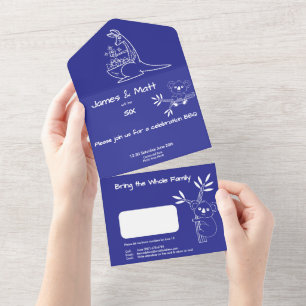 Fun Blue Australian Animals Twins 6e verjaardag All In One Uitnodiging