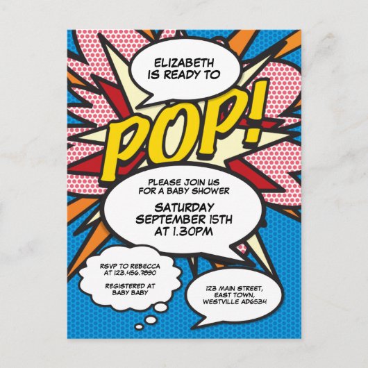 Fun Blue Baby shower Sprinkle Photo Comic Book Uitnodiging Briefkaart (Voorkant)