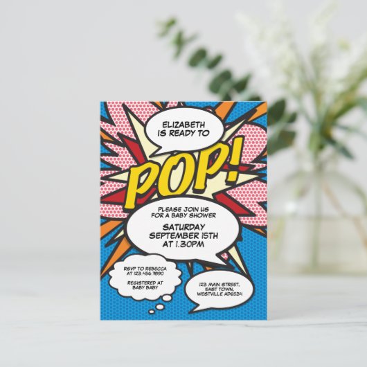 Fun Blue Baby shower Sprinkle Photo Comic Book Uitnodiging Briefkaart (Staand voorkant)