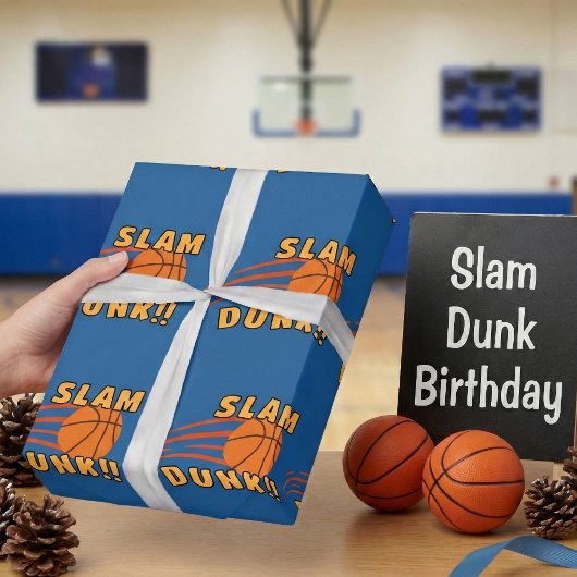 Fun Blue Basketball Slam Dunk Kids Verjaardagscade Cadeaupapier