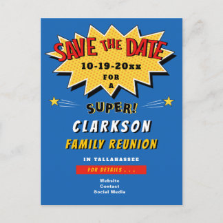 Fun Blue Comic Super Family Reünie Sla de datum op Uitnodiging Briefkaart