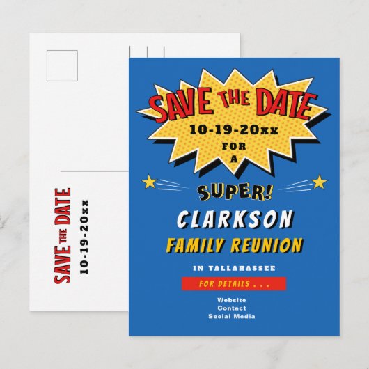 Fun Blue Comic Super Family Reünie Sla de datum op Uitnodiging Briefkaart (Voorkant / Achterkant)