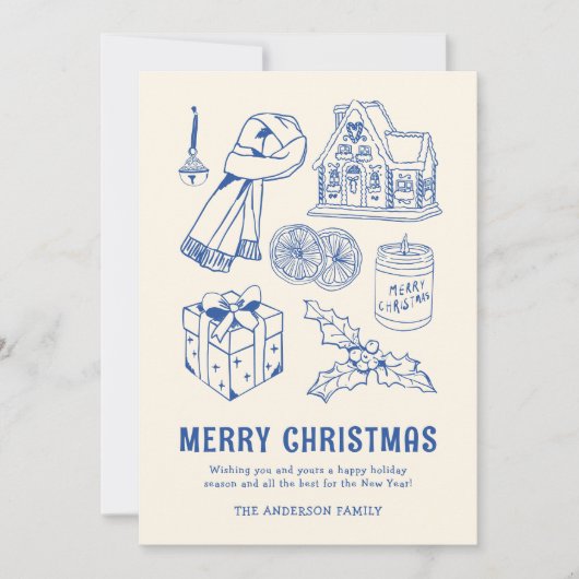Fun Blue Doodle Non-Photo Christmas Feestdagenkaart (Voorkant)