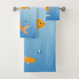 Fun Blue en Oranje Goldfish Monogram Name Bad Handdoek