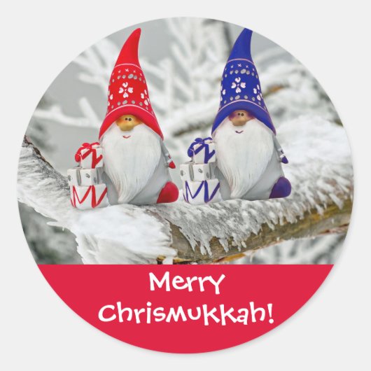 Fun Blue en Red Merry Chrismukkah Santa Elves Ronde Sticker (Voorkant)