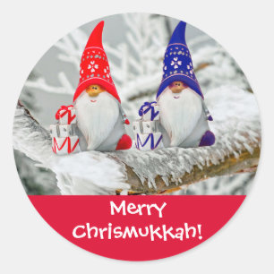 Fun Blue en Red Merry Chrismukkah Santa Elves Ronde Sticker
