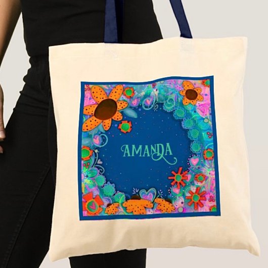 Fun Blue Floral Inspirivity Gepersonaliseerde Canv Tote Bag