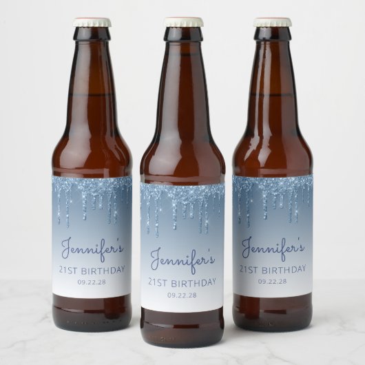 Fun Blue Glitter Drip 21st Birthday Party Bier Etiket (Flessen)