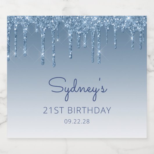 Fun Blue Glitter Drip 21st Birthday Party Bier Etiket (Enkel label)