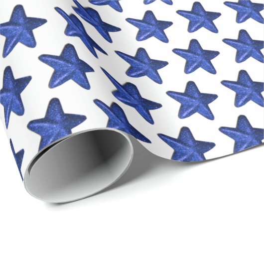Fun Blue Glitter Star Pattern on White Cadeaupapier (Rol Hoek)