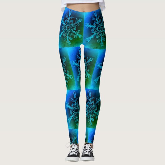 Fun Blue Green Tie Dye Snowflake Pattern Leggings (Voorkant)