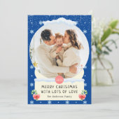 Fun Blue Merry Wereldbol met kerstinsneeuwfotokaar Kaart (Staand voorkant)