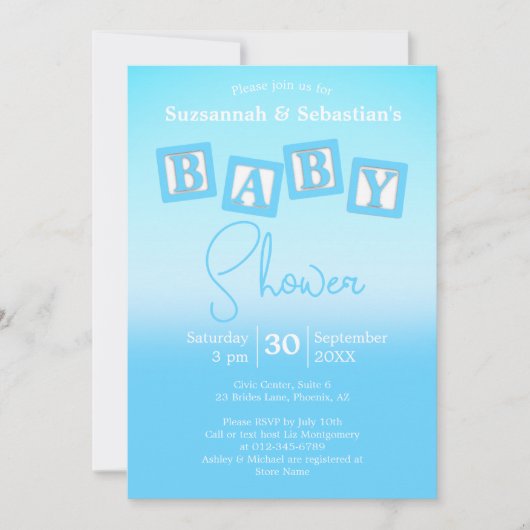 Fun Blue Ombre BABY Boy Blocks Showuitnodiging Kaart (Voorkant)