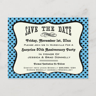 Fun Blue Polka Dot Party of Reunion Save the Date Aankondigingskaart