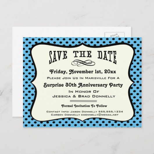 Fun Blue Polka Dot Party of Reunion Save the Date Aankondigingskaart (Voorkant / Achterkant)