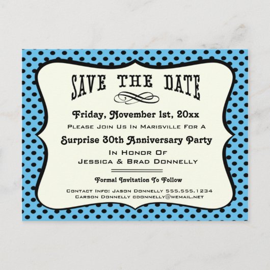 Fun Blue Polka Dot Party of Reunion Save the Date Aankondigingskaart (Voorkant)
