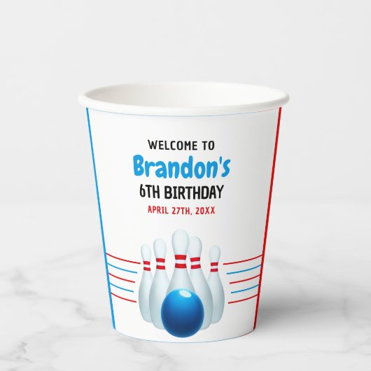 Fun Blue & Red Bowling Kinder 6e Verjaardag Papieren Bekers (Voorkant)