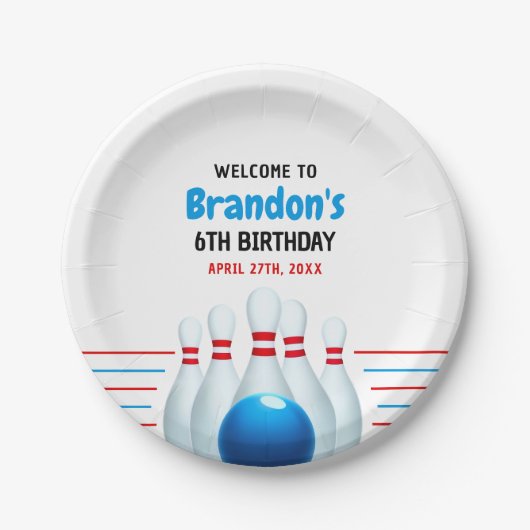 Fun Blue & Red Bowling Kinder 6e Verjaardag Papieren Bordje (Voorkant)