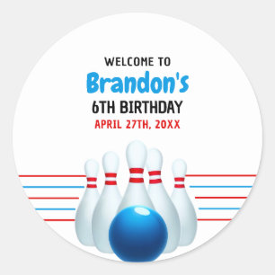 Fun Blue & Red Bowling Kinder 6e Verjaardag Ronde Sticker