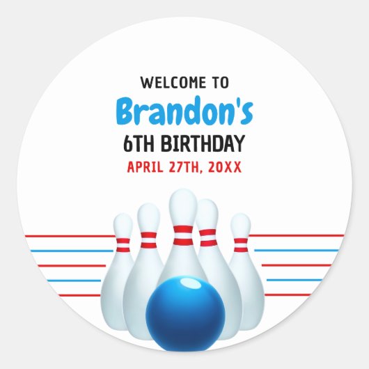 Fun Blue & Red Bowling Kinder 6e Verjaardag Ronde Sticker (Voorkant)