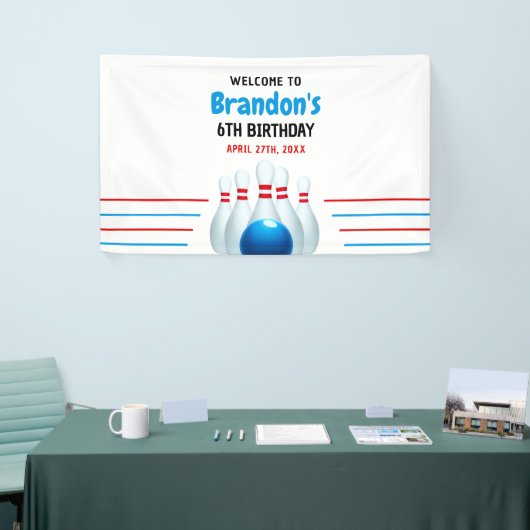 Fun Blue & Red Bowling Kinder 6e Verjaardag Spandoek (Beurs)