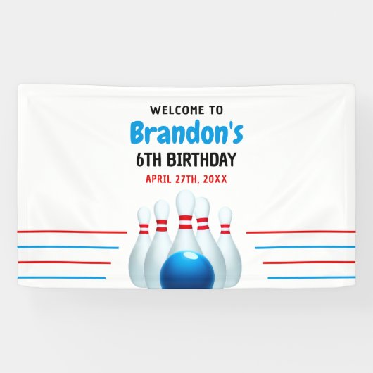 Fun Blue & Red Bowling Kinder 6e Verjaardag Spandoek (Horizontaal)