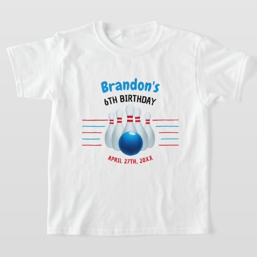 Fun Blue & Red Bowling Kinder 6e Verjaardag T-shirt (Laagn)