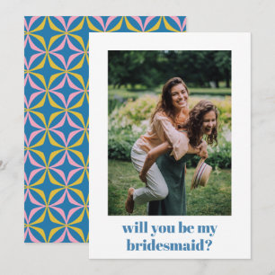 Fun Blue Retro Pattern Bridesmaid Voorstel Notitiekaartje