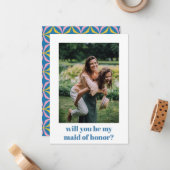 Fun Blue Retro Pattern Maid of Honor proposal Notitiekaartje (Voorkant / Achterkant in situ)