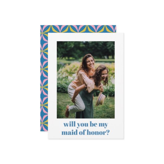 Fun Blue Retro Pattern Maid of Honor proposal Notitiekaartje (Voorkant / Achterkant in situ)