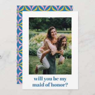 Fun Blue Retro Pattern Maid of Honor proposal Notitiekaartje