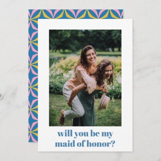 Fun Blue Retro Pattern Maid of Honor proposal Notitiekaartje (Voorkant / Achterkant)