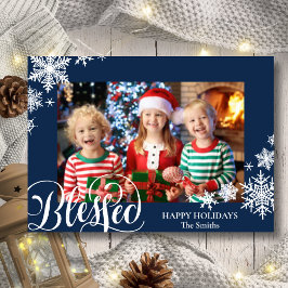 Fun Blue Snowflakes Modern Script minimalist Foto Feestdagenkaart