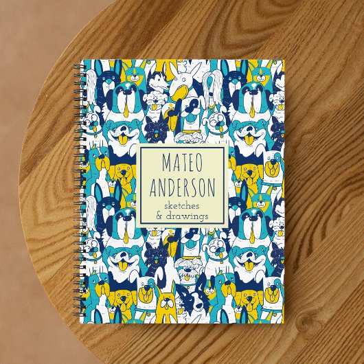 Fun Blue Yellow Dogs Patroon Gepersonaliseerde naa Notitieboek