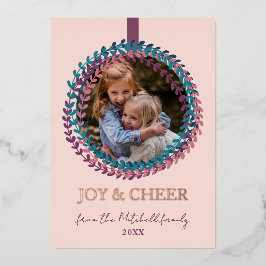 Fun Blush Roze Blauwgroen Blauwe Krans Roos Goud Folie Feestdagenkaart