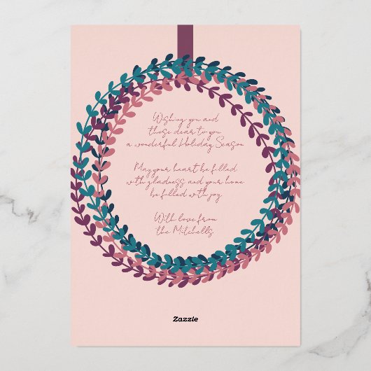 Fun Blush Roze Blauwgroen Blauwe Krans Roos Goud Folie Feestdagenkaart (Achterkant)