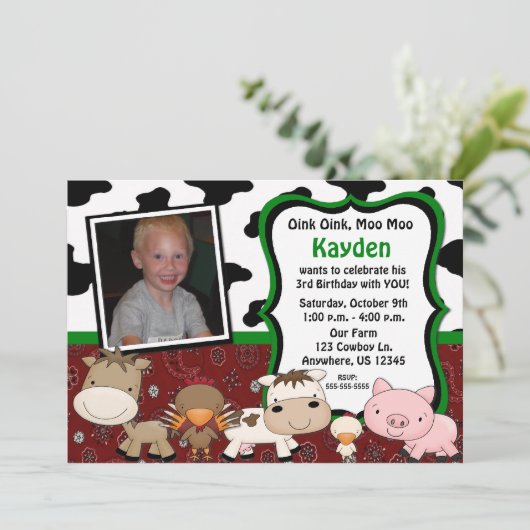 Fun Boerderij Kinder Foto Birthday Uitnodiging (Staand voorkant)