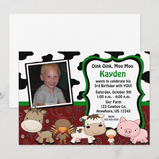 Fun Boerderij Kinder Foto Birthday Uitnodiging (Voorkant / Achterkant)