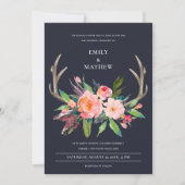 FUN BOHO NAVY BLUSH ANTLER FLORAL COUNTRY WEDDING KAART (Voorkant)