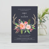 FUN BOHO NAVY BLUSH ANTLER FLORAL COUNTRY WEDDING KAART (Staand voorkant)