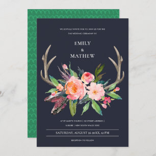 FUN BOHO NAVY BLUSH ANTLER FLORAL COUNTRY WEDDING KAART